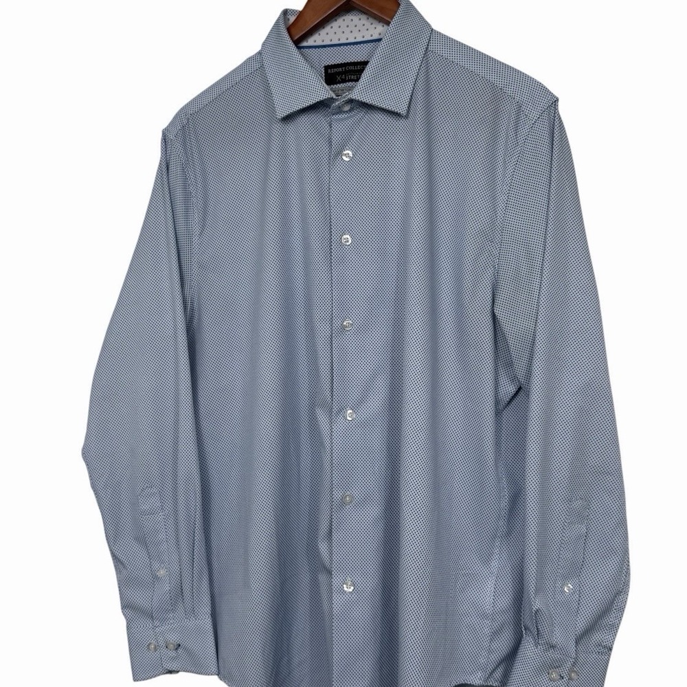 Report Collection X4 Stretch Dress Shirt Shirt Mens Large 16.5 35 Blue Geometric